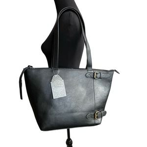 T-Shirt & Jeans Shoulder Bag Tote Vegan Leather Black Brass Hardware NWT
